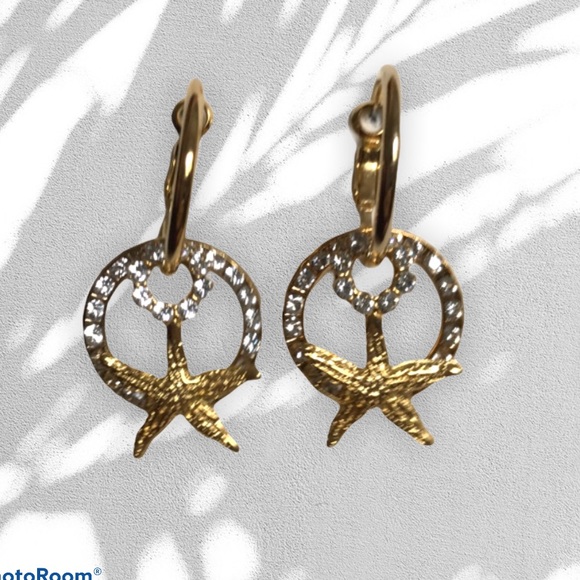 Turquoise Gold & White crystal Starfish & hoop dangle earrings wear many ways - Picture 7 of 9